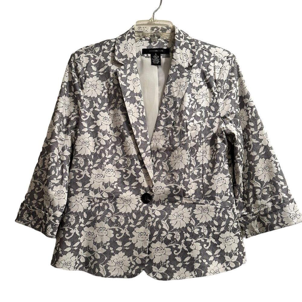 89th & Madison Floral Spring Blazer Womens Medium Gray & White 3/4 Sleeves Lined